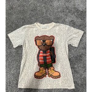 Fresh Laundry Savage Bear Graphic Tee‎ Cream All Over Print Shirt Mens Large L